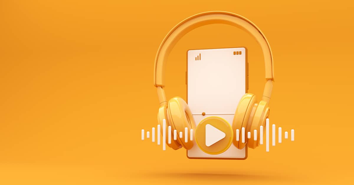Over the ear headphones in front of a small tablet and play button indicating a podcast on an orange background.