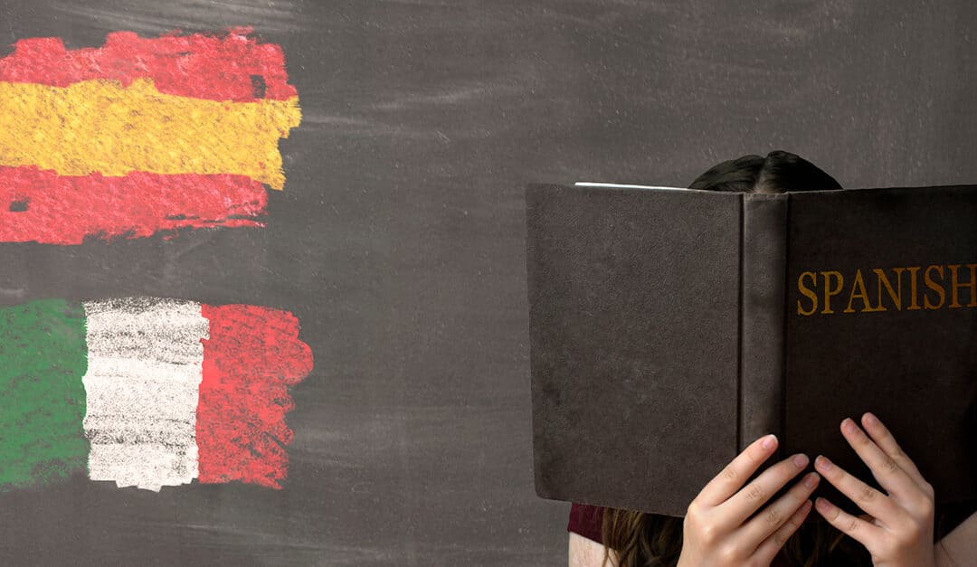 A young woman reading a Spanish text book sitting in front of a chalk board with Spanish and Mexican flags drawn in chalk on the board.