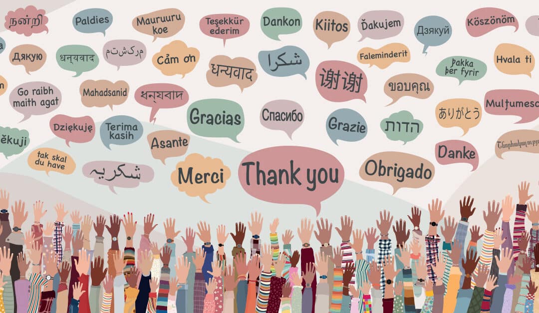 Illustrated banner with many raised hands of people diversity from different nations and continents with speech bubbles with text "thank you" "thanks" in different international languages