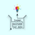Think outside the box illustrated concept with words written within the lines of an arrow and box outline, leading to a colorful lightbulb idea, illustrating the blog topic, Spanish Business Idioms